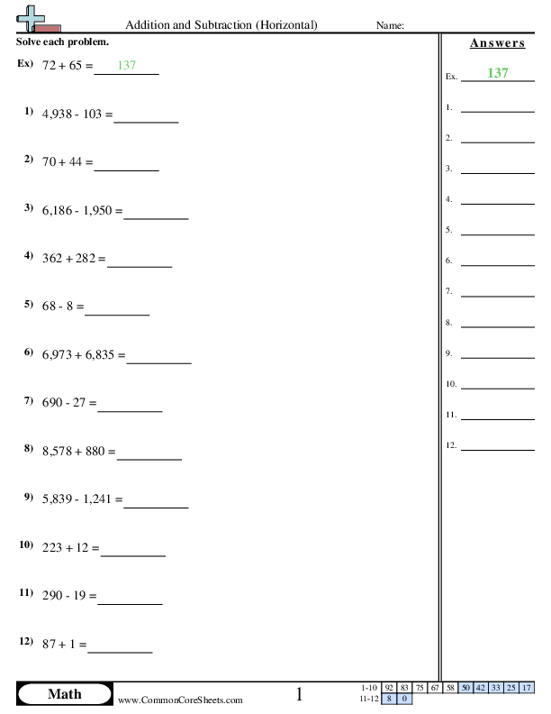 Addition and Subtraction (Horizontal) Worksheet - Addition and Subtraction (Horizontal) worksheet